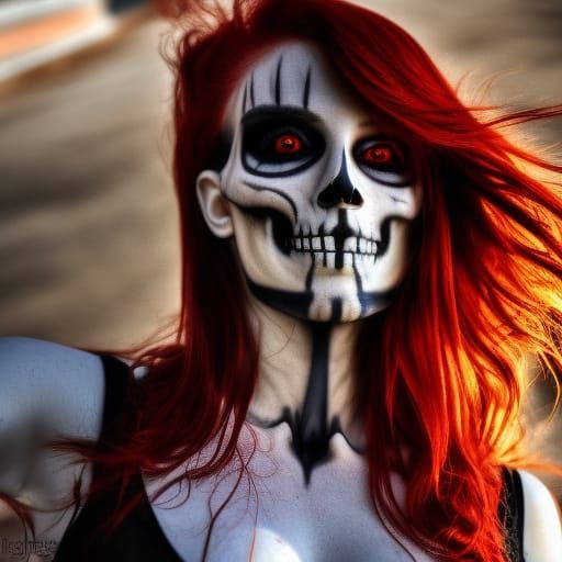 Hyperrealistic Skeleton Girl with Red Hair and Glowing Eyes