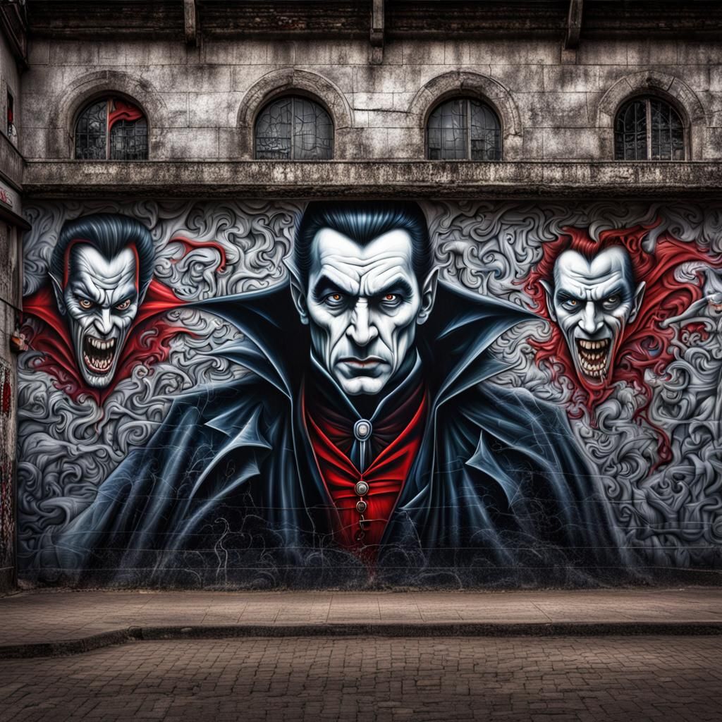 Hyperrealistic Dracula Graffiti Art on Wall