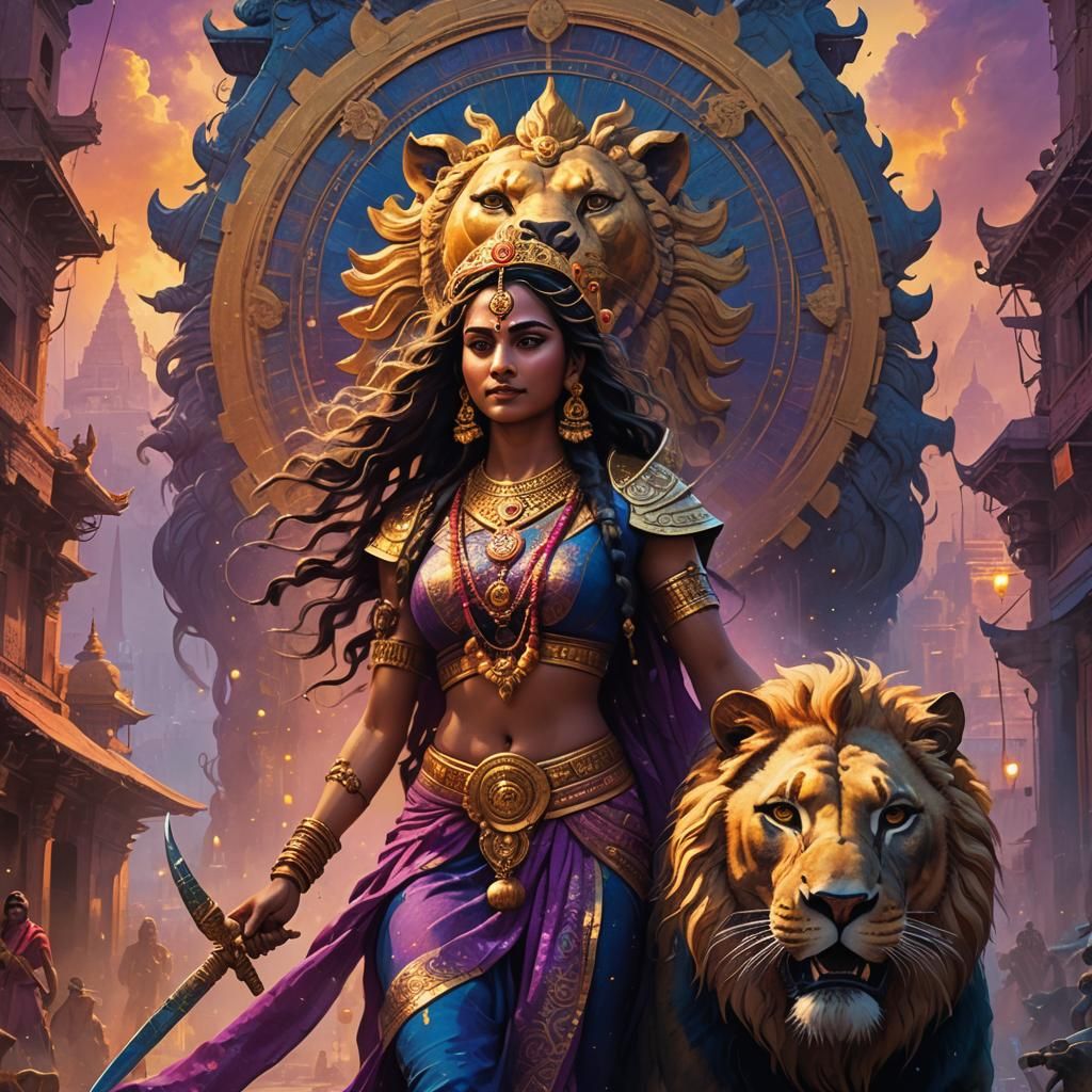 Goddess Durga and Lion in Mystical Cityscape
