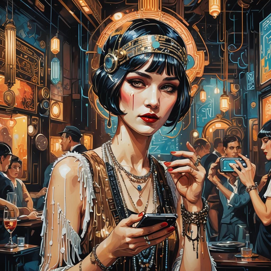 1920s Flapper Girl with iPhone: Retro-Futuristic Graffiti Ar...