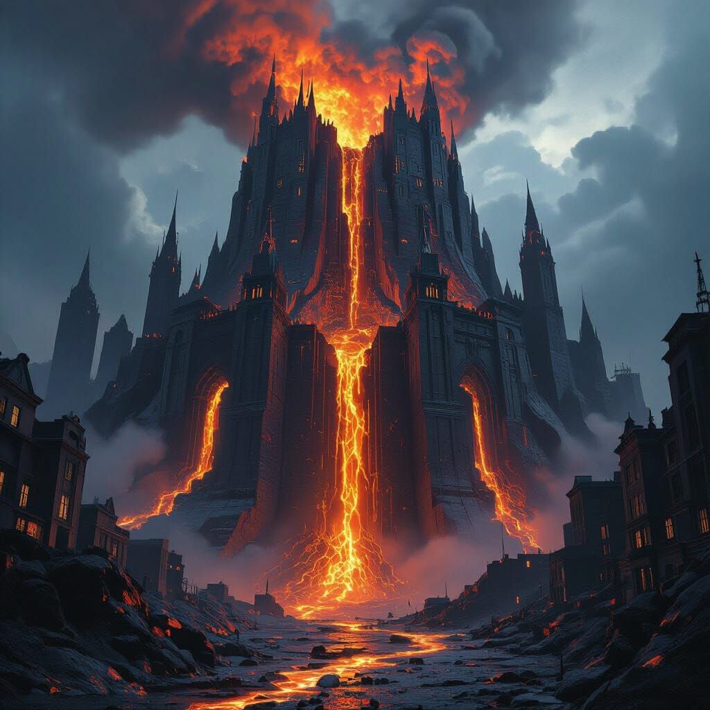 Colossal Volcano Fortress in Gothic Gotham Style