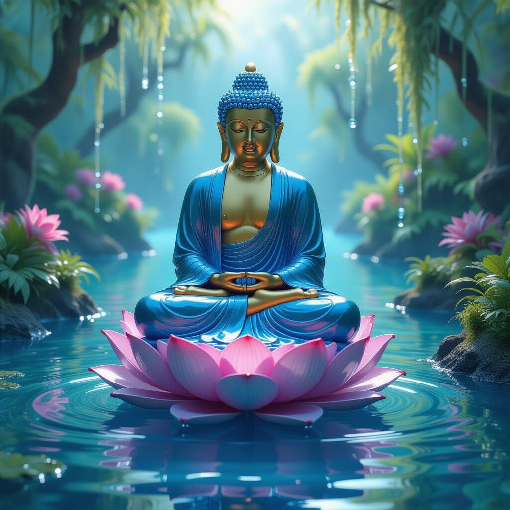 Sapphire Liquid Buddha in Serene Water Garden