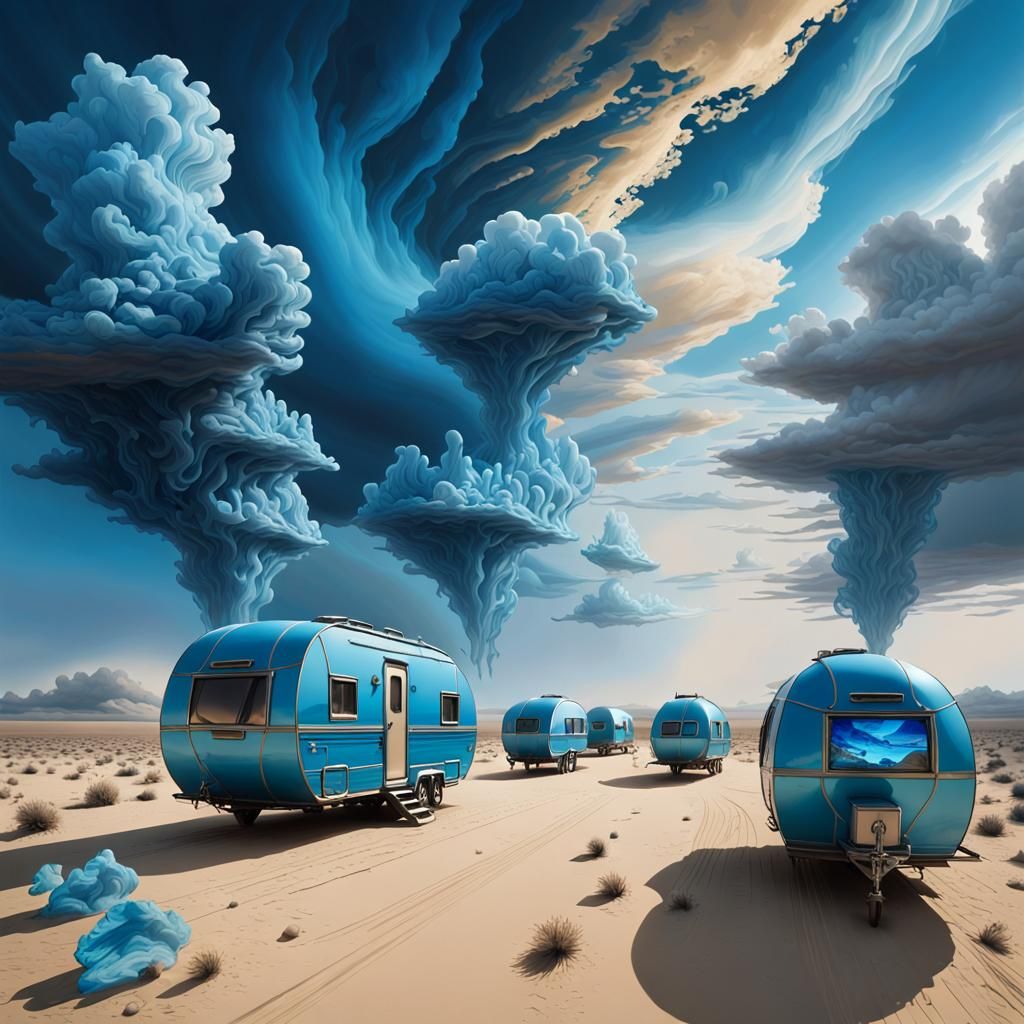 Surreal Blue Caravan in an Arid Landscape