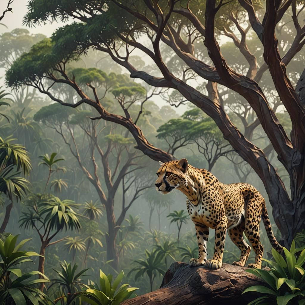 Low Poly Cheetah Guarding Jungle Tree