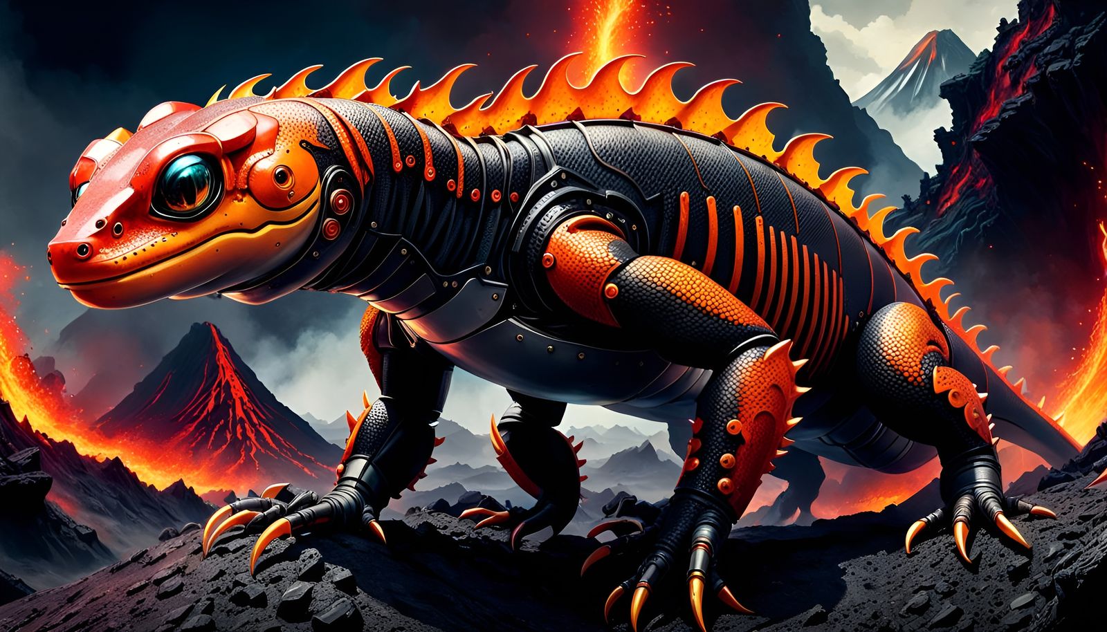 Surreal Salamander Mechanoid in Volcanic Landscape