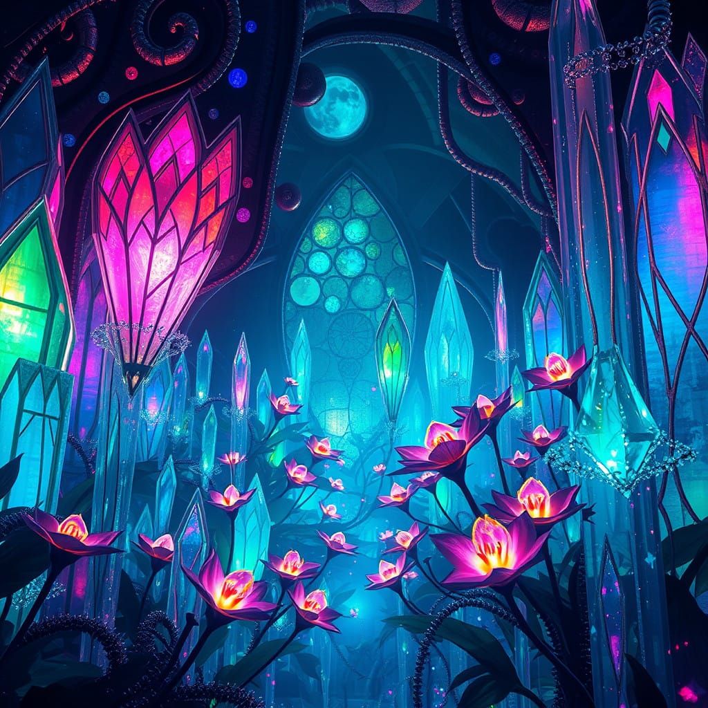 Glowing Flowers in Iridescent Stained Glass and Crystal Real...