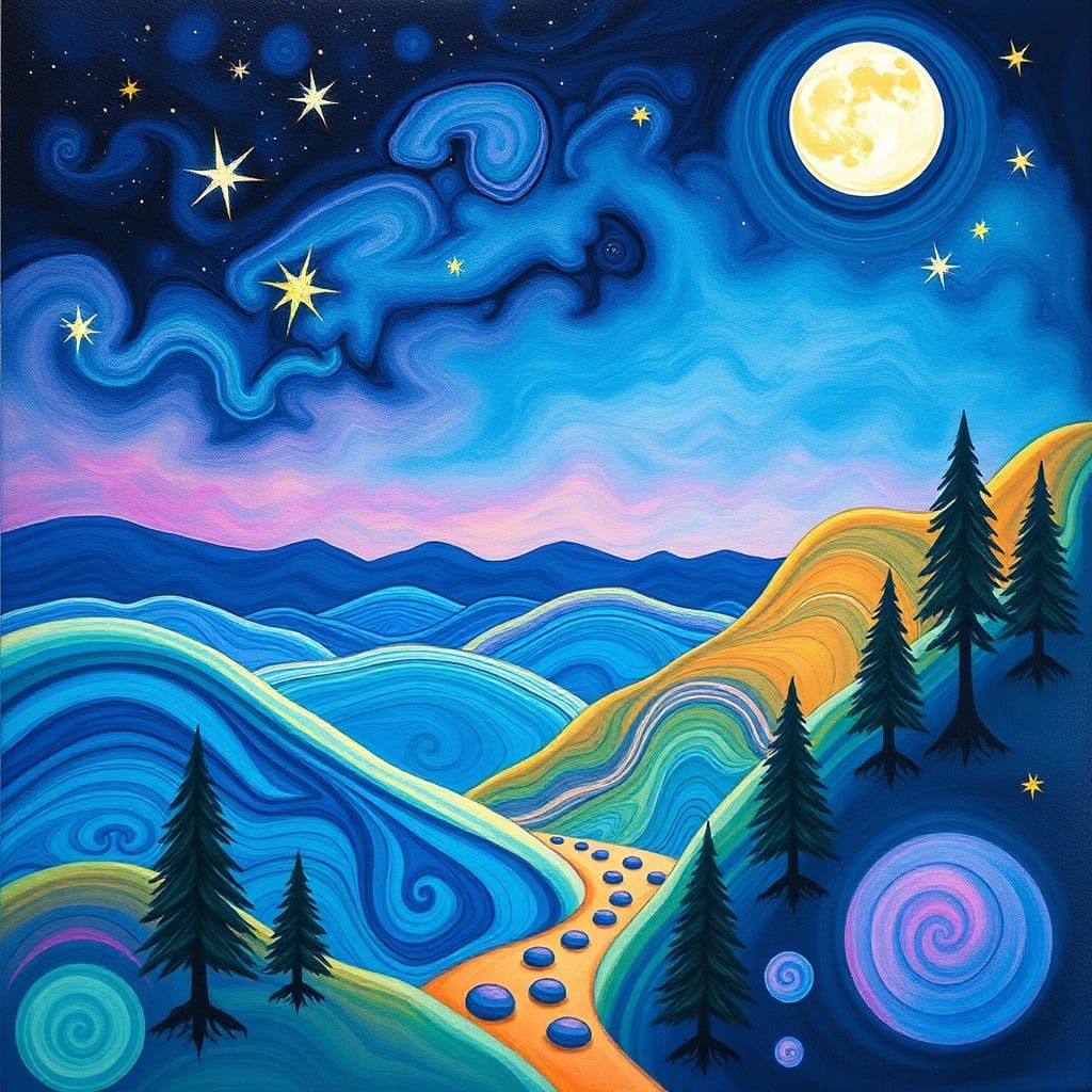 Gouache Moon Hikes Over Horizon in Candyland