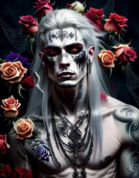Goth Man with Rose Tattoos in Dark Ambiance