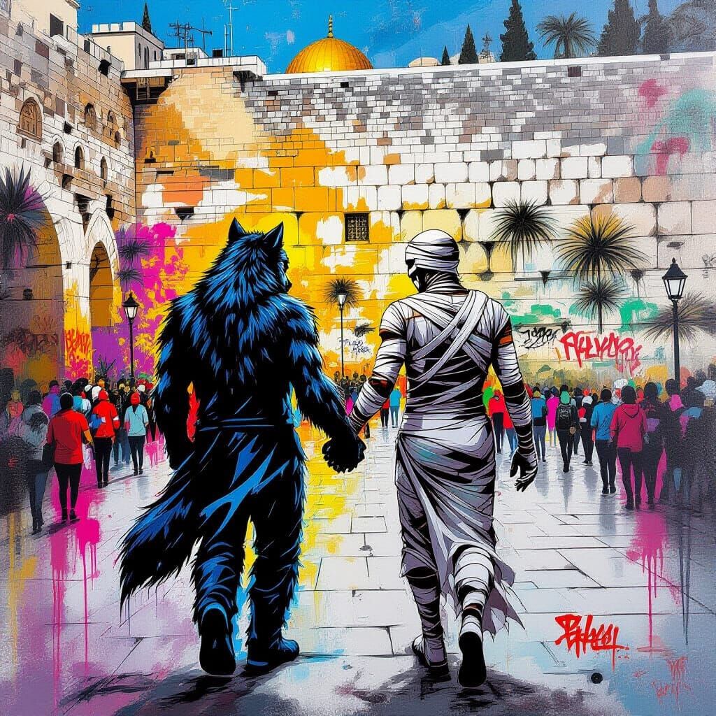 Mummy and Werewolf at Wailing Wall in Graffiti Style