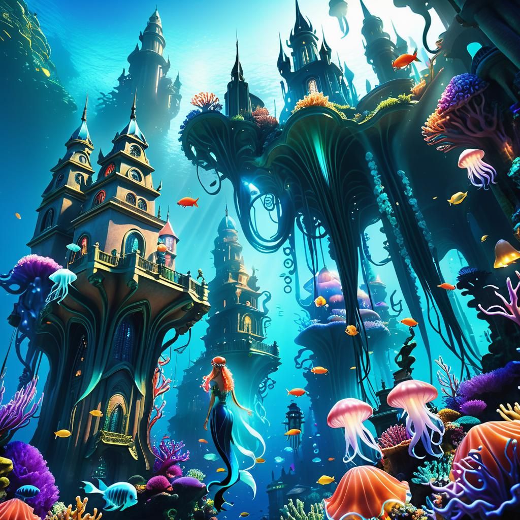 Underwater Atlantis Metropolis with Merfolk in Digital Art