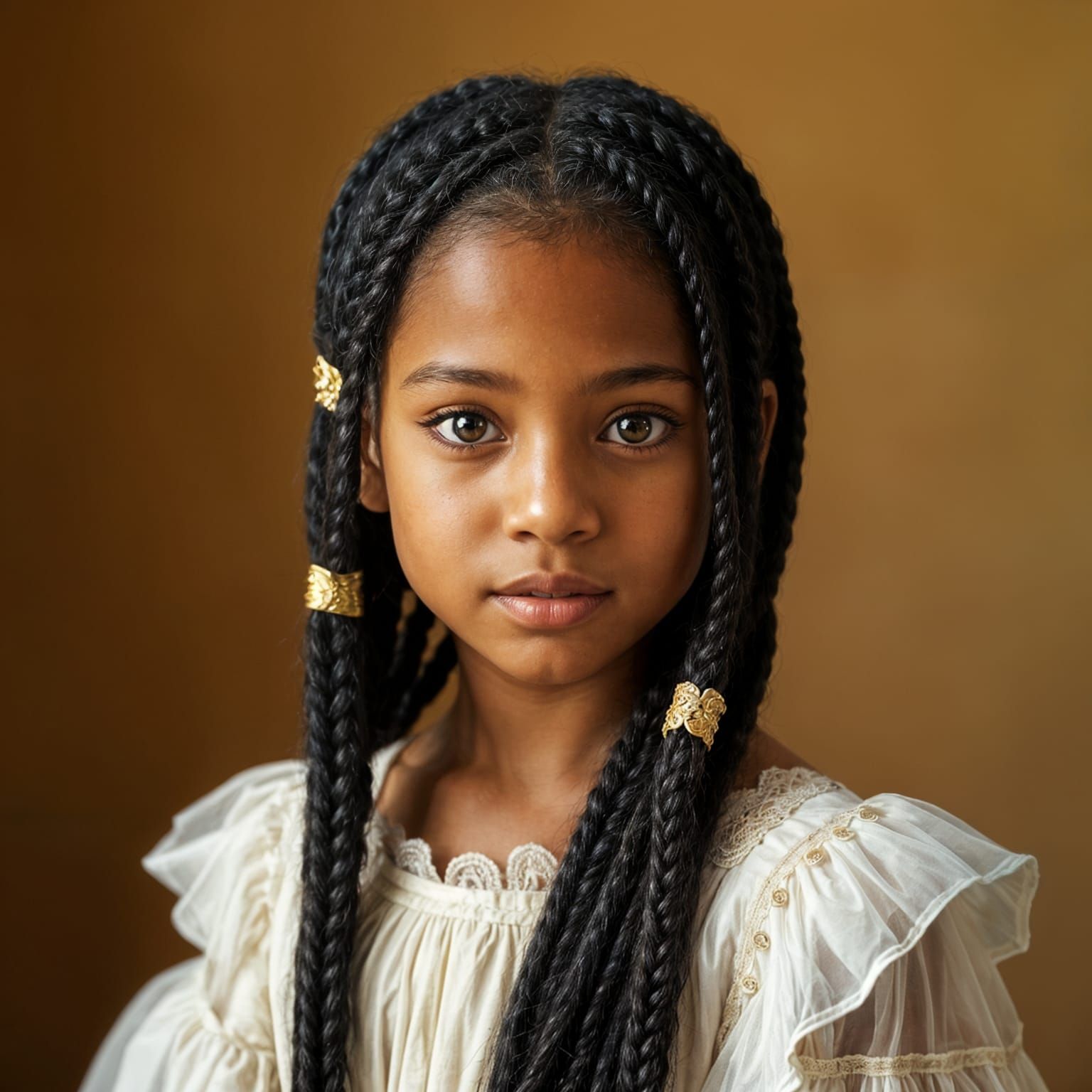 Girl with Braids in Ivory Gown, Golden Ratio Lighting