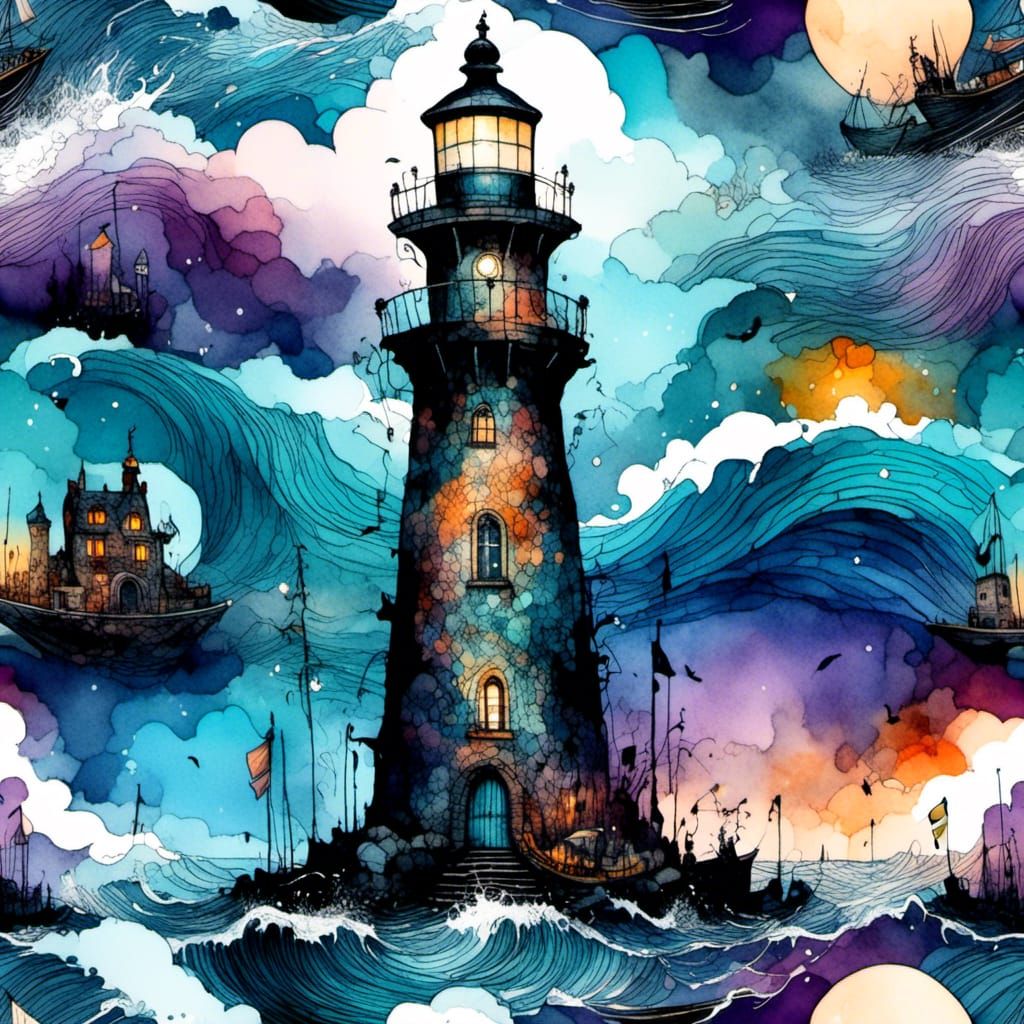 Fantasy Lighthouse Amidst Stormy Water Elements