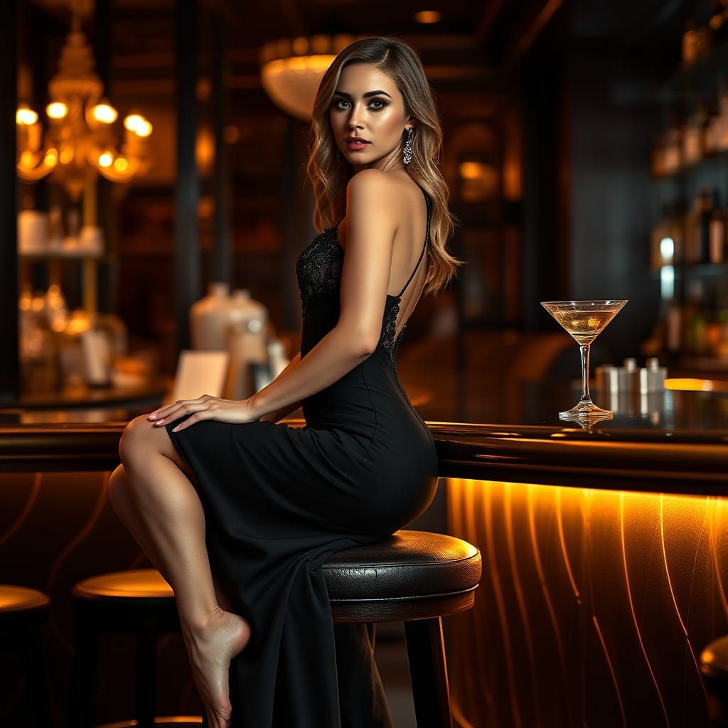 Elegant Woman Poses in Upscale Bar with Cocktail