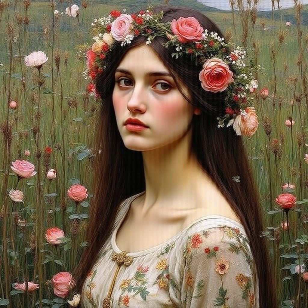 Lady Surrounded by Wildflowers in Pre-Raphaelite Style