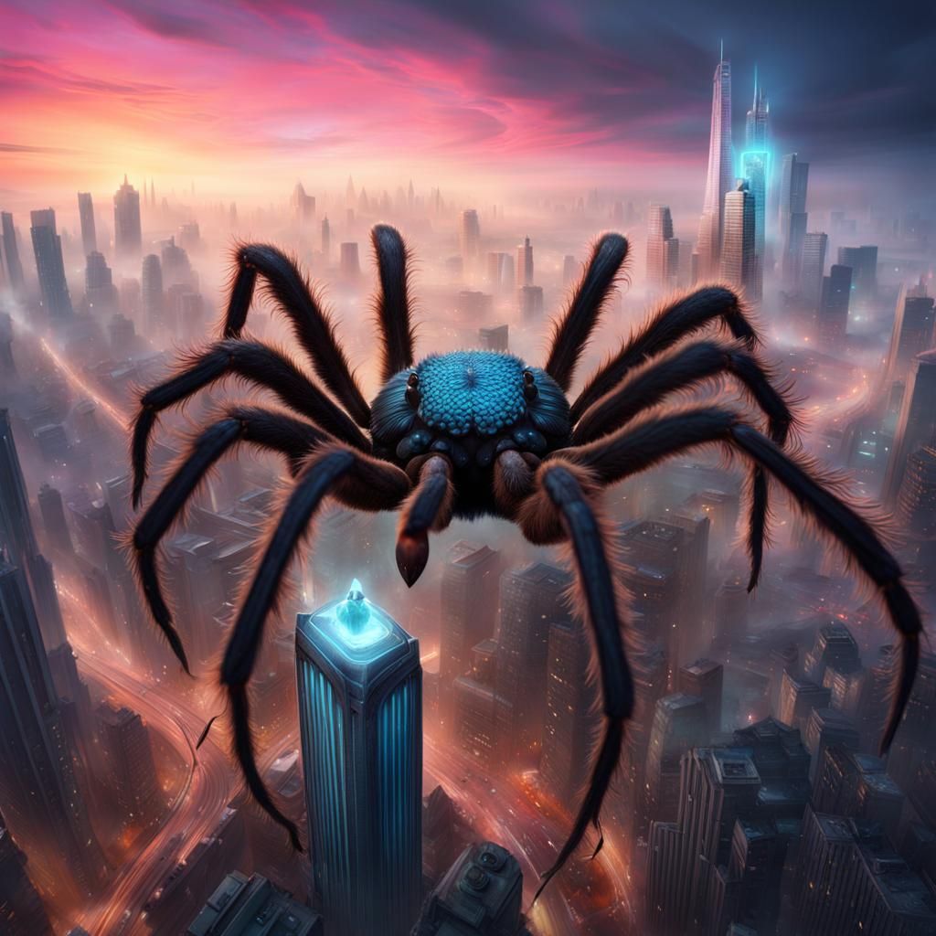 Feathered Tarantula Selfie in Surreal Cityscape