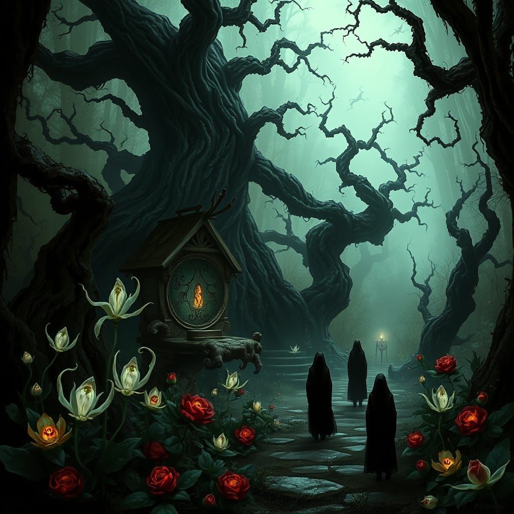 Mystical Garden with Bioluminescent Flowers and Shadow Figur...