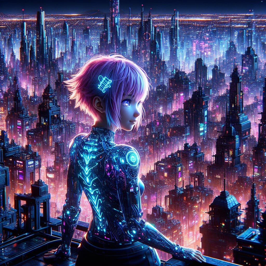 cyberpunk cityscape. A young woman with short, spiky pink ha...