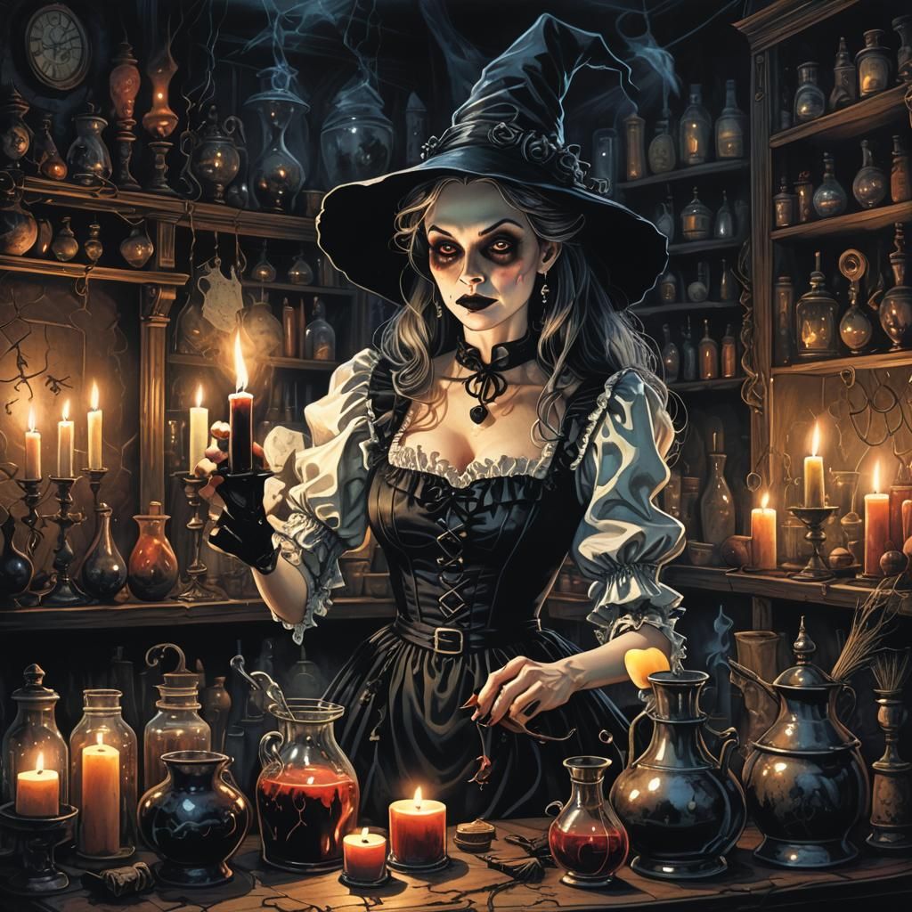 Gothic Witch Maid Potion in Dark Fantasy Illustration