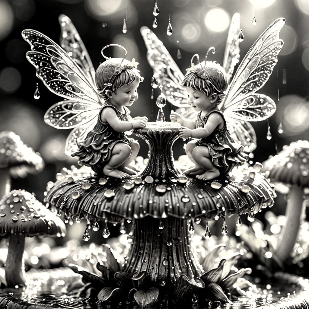 Macro Photograph of Baby Fairies Dancing on Mushroom