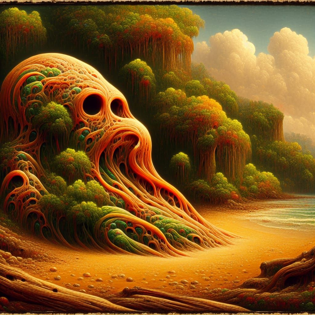 Viscous Form Emerges on Tropical Beach in Romantic Oil Paint...