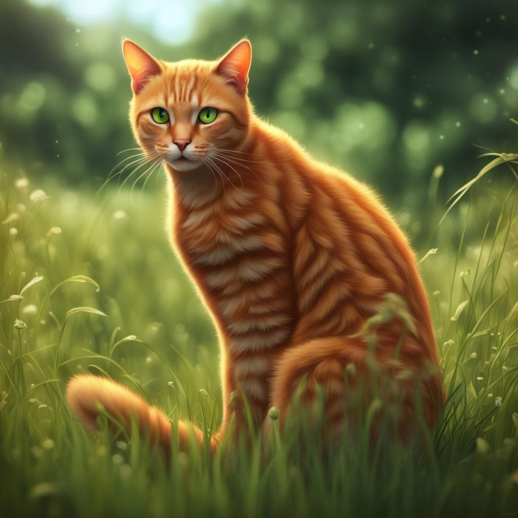 Orange Cat with Green Eyes in Detailed Matte Painting