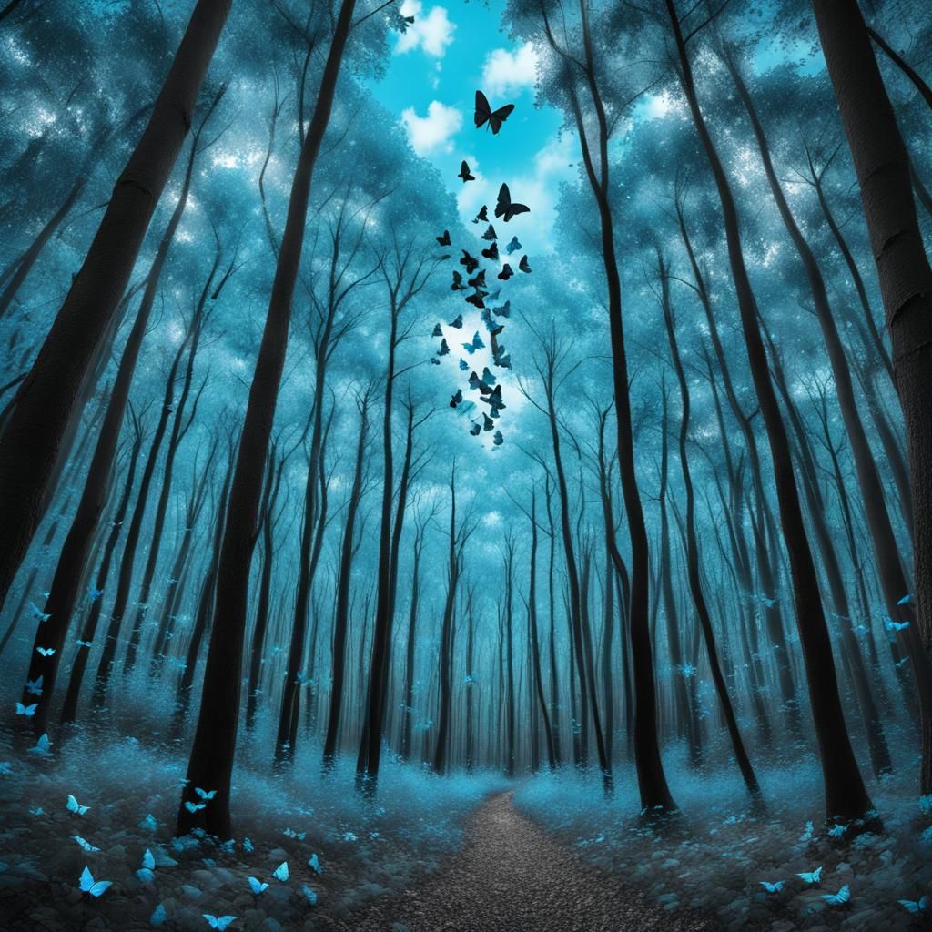 Monochrome Forest with Neon Butterflies in Kodak Ektar Style