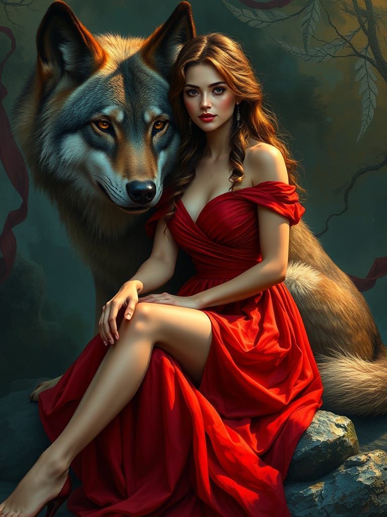 Woman with Wolf in Hyper-Realistic Digital Art Style