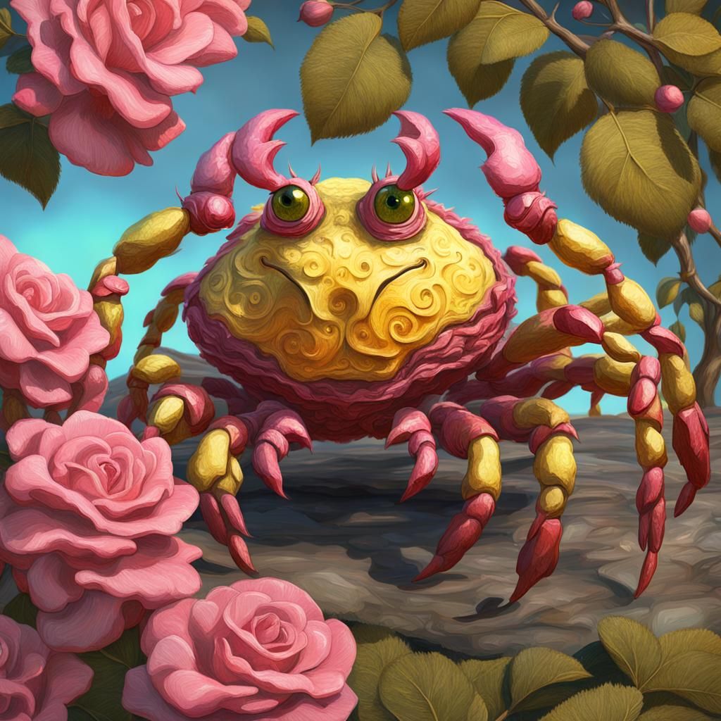 Adorable Crabapple Creature, Intense Yellow Eyes, Rose Pink and Sage, 3d shading, Late Afternoon, Backlit, 8k Resolution...