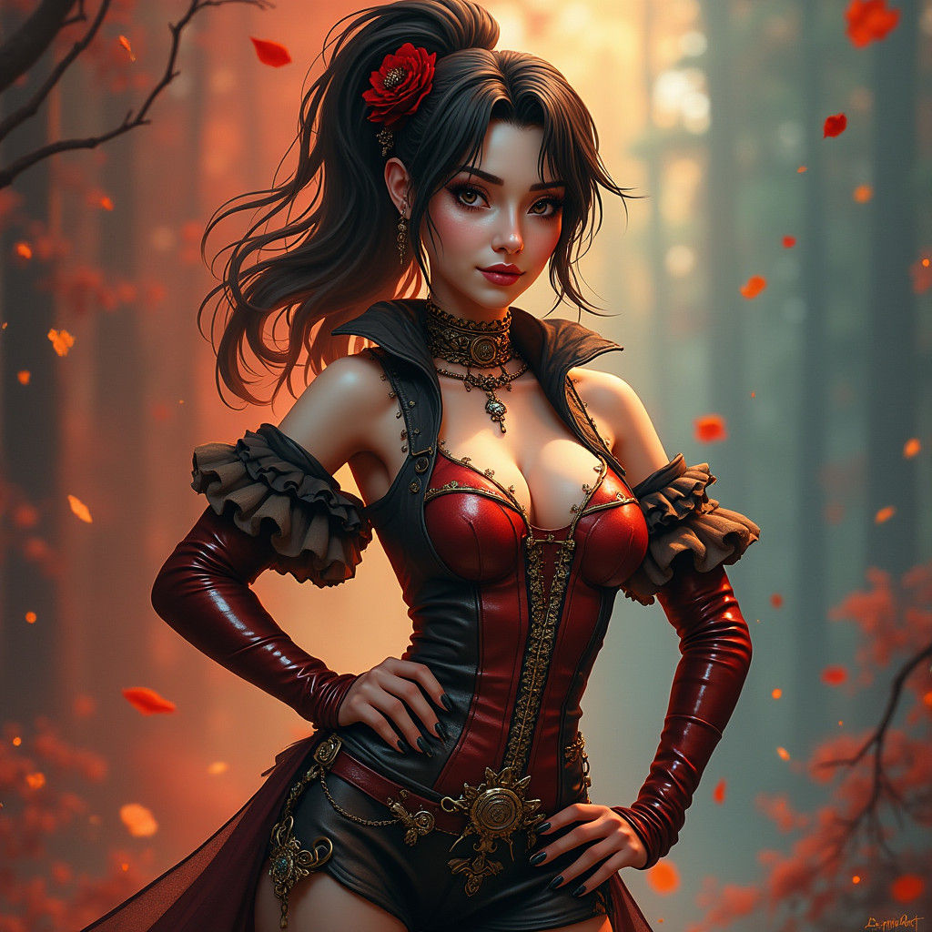 Confident Brunette in High-Fantasy Outfit