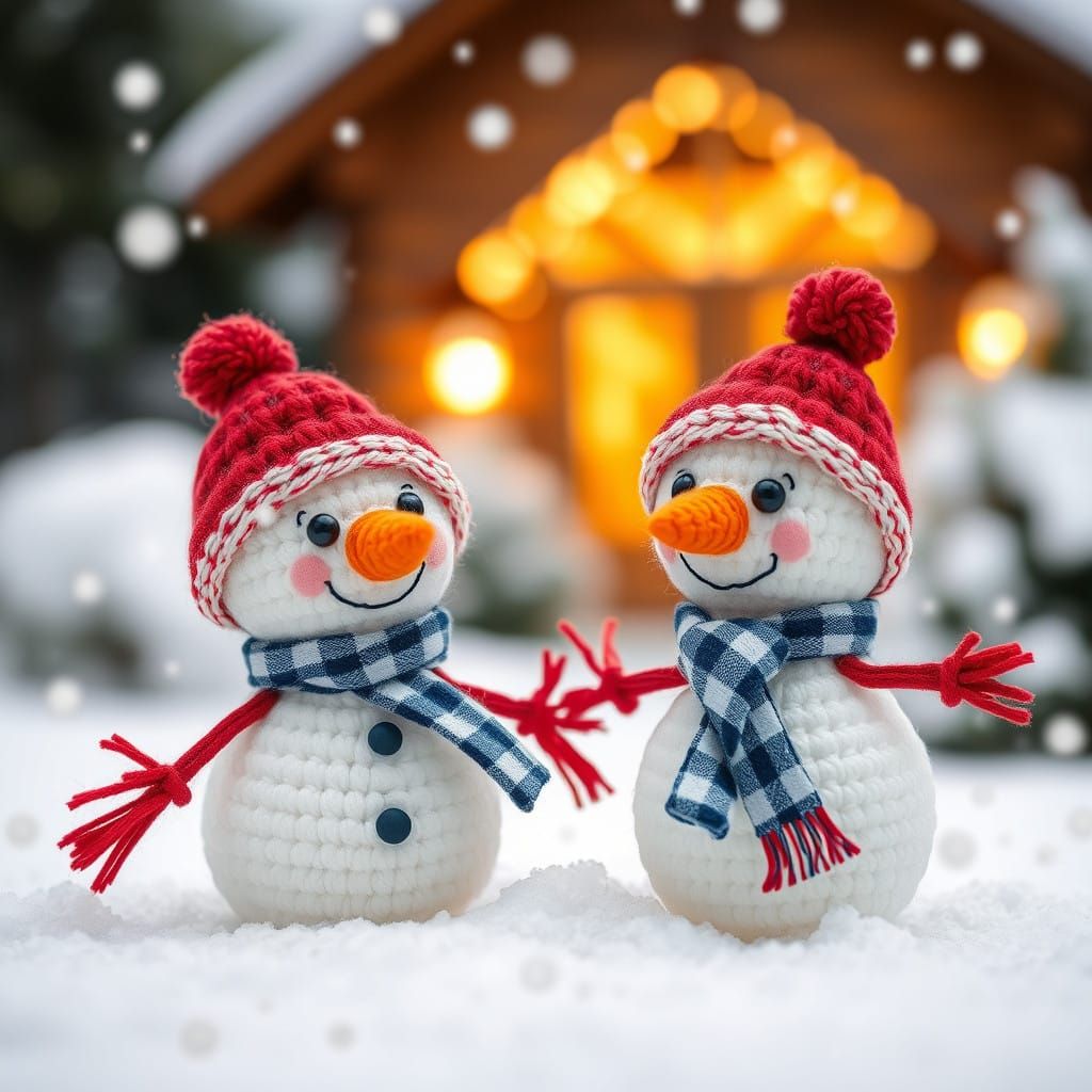 Cute Tiny Snowmen in Amigurumi Style with Bright Orange Carr...