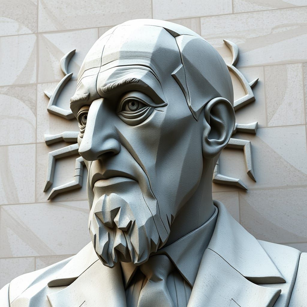 Cubist Statue of Carl Jung in Brutalist Style