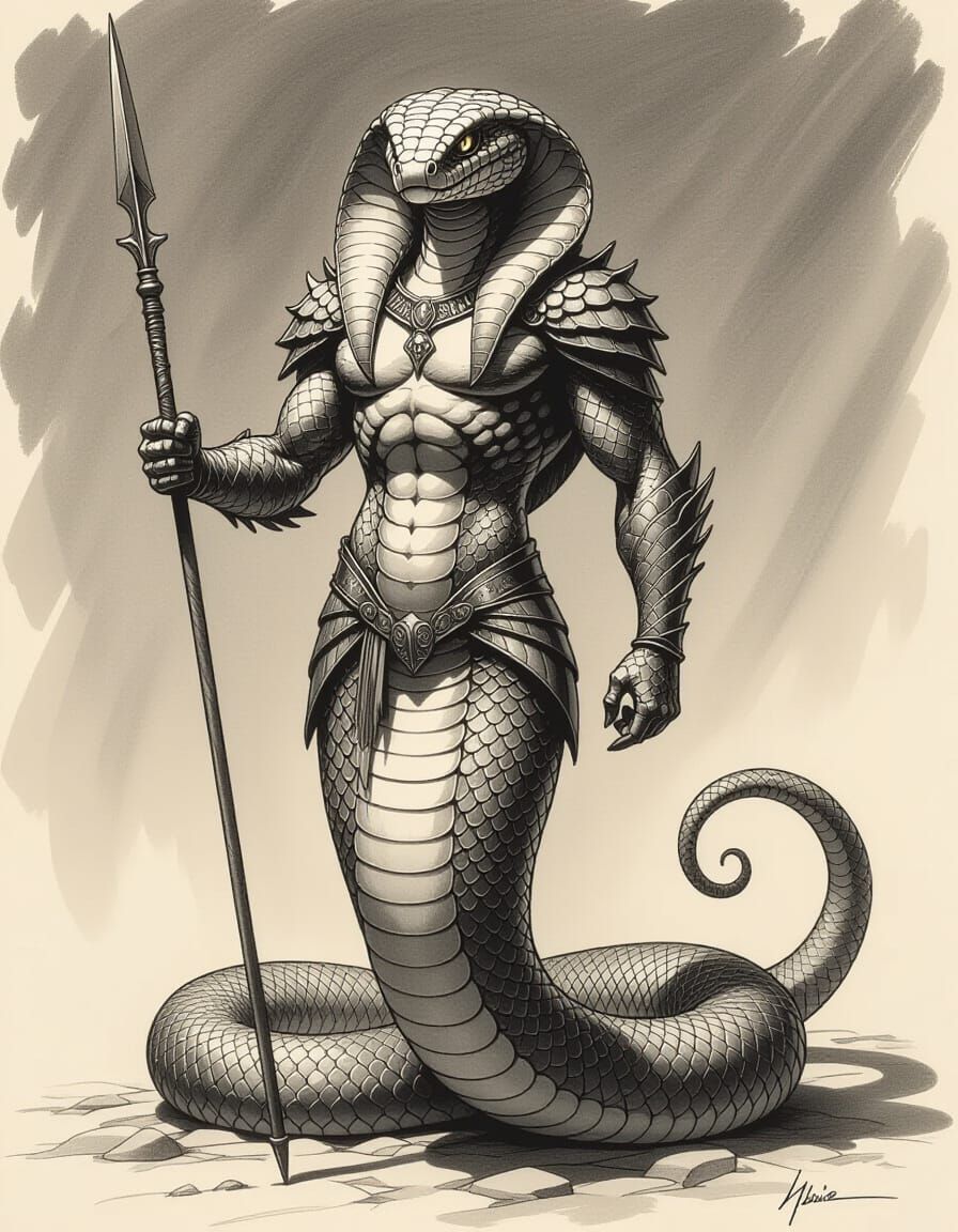 Serpent Creature Standing Upright in Grayscale Sketch