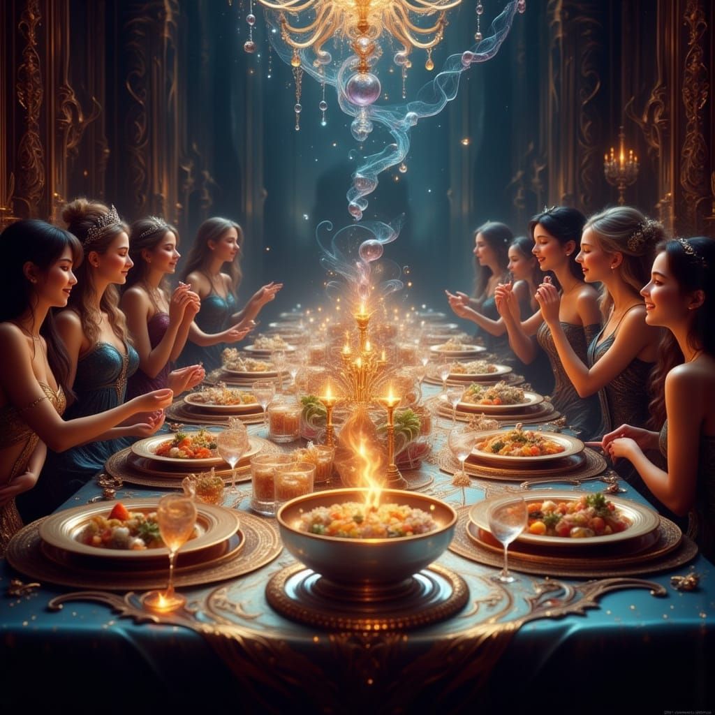 Joyful Family Feast with Magical, Glowing Delicacies