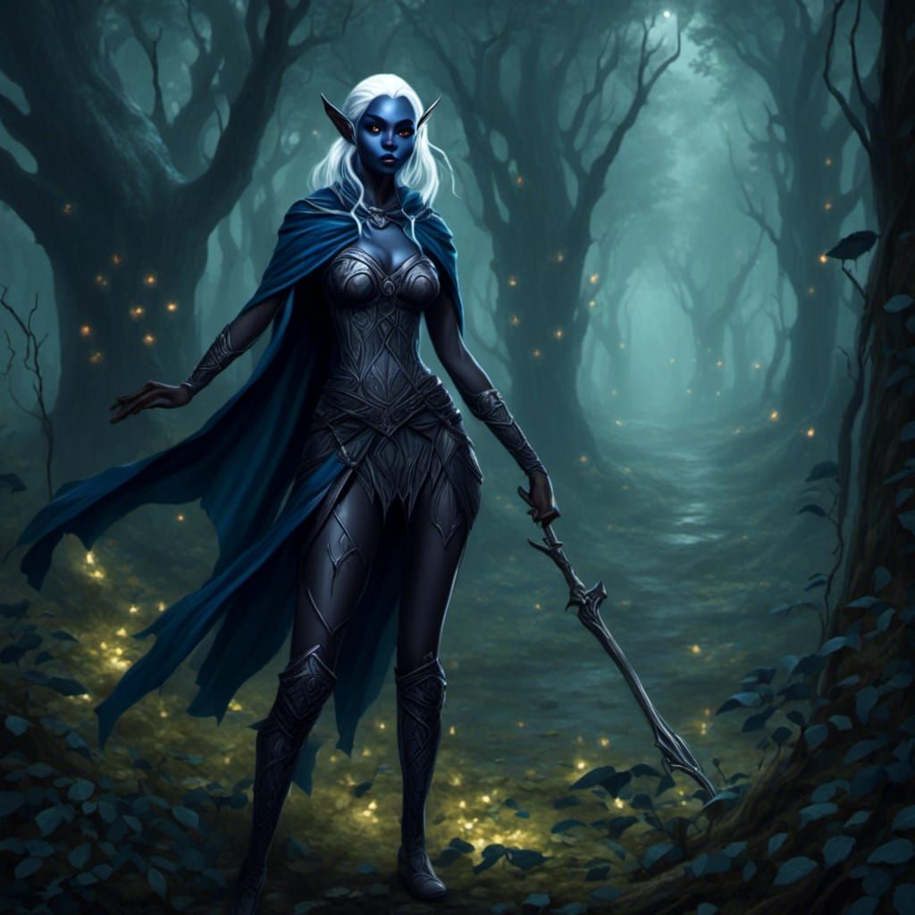 Female drow elf witch in dark forest <lora:Gridrunners v1:1.0> <lora:Drow:1.0>