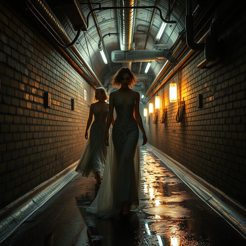 Women in Cyberpunk Gowns Walk Through a Dark Sewer