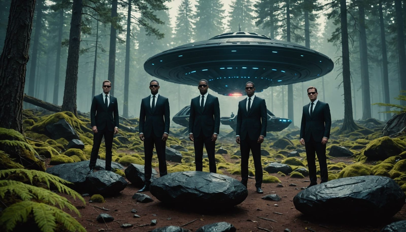 Men in Black Observe Hovering UFO