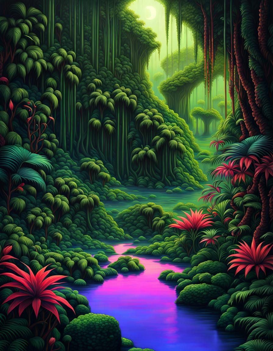 Glowing Jungle Riverscape in Post-Impressionist Style