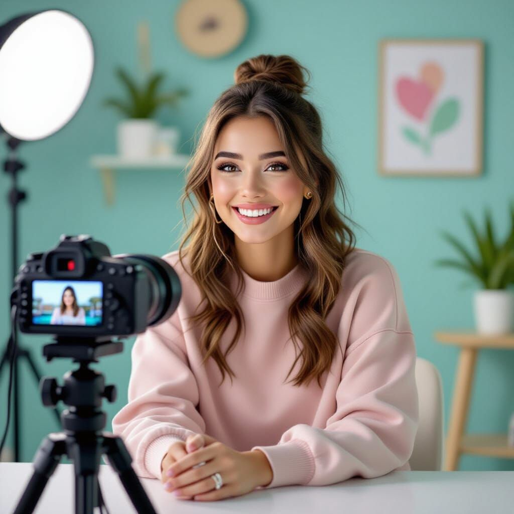 Vlogger in Pastel Studio, Digital Art Style