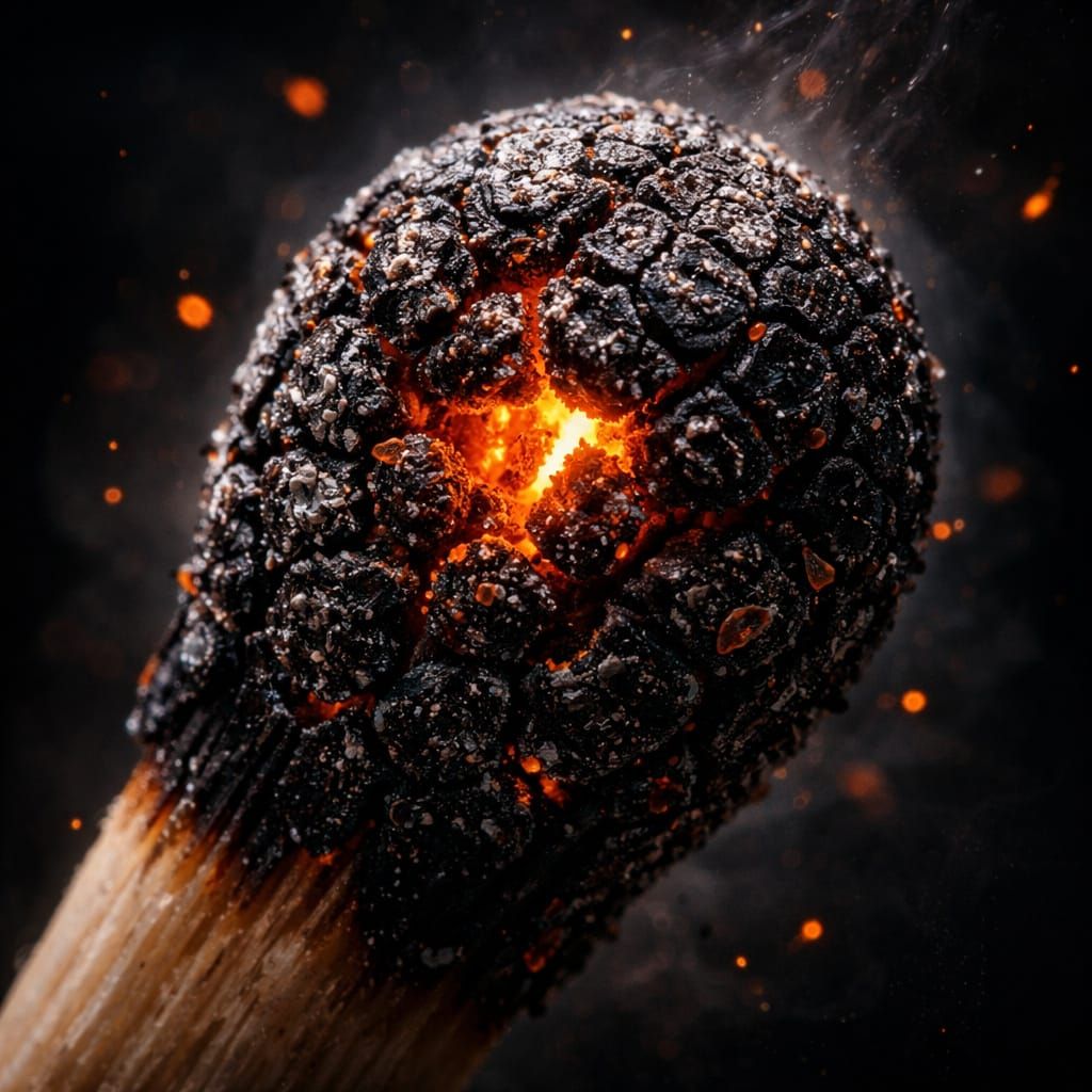 Macro View of Burnt Matchstick with Glowing Embers
