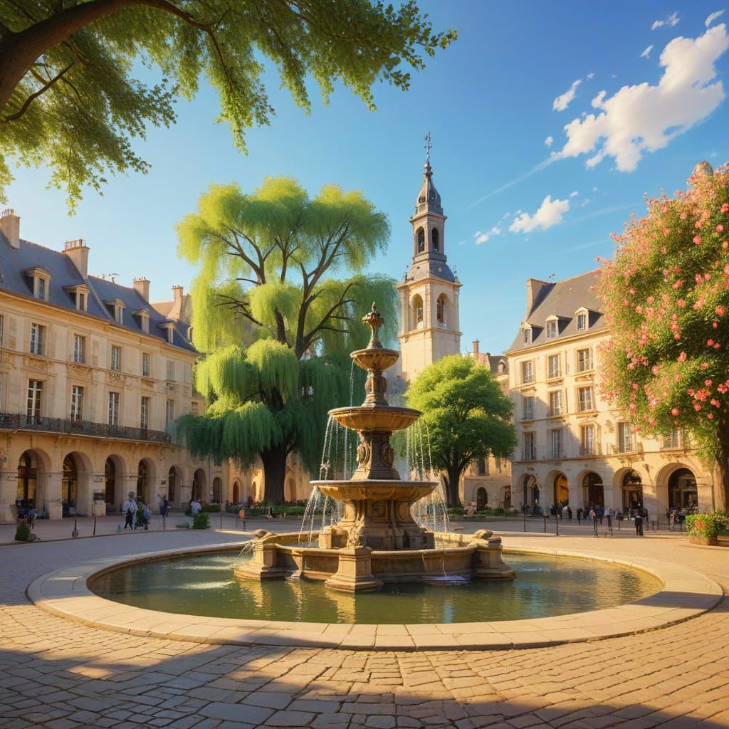 French Town Square: Impressionist Painting in Spring