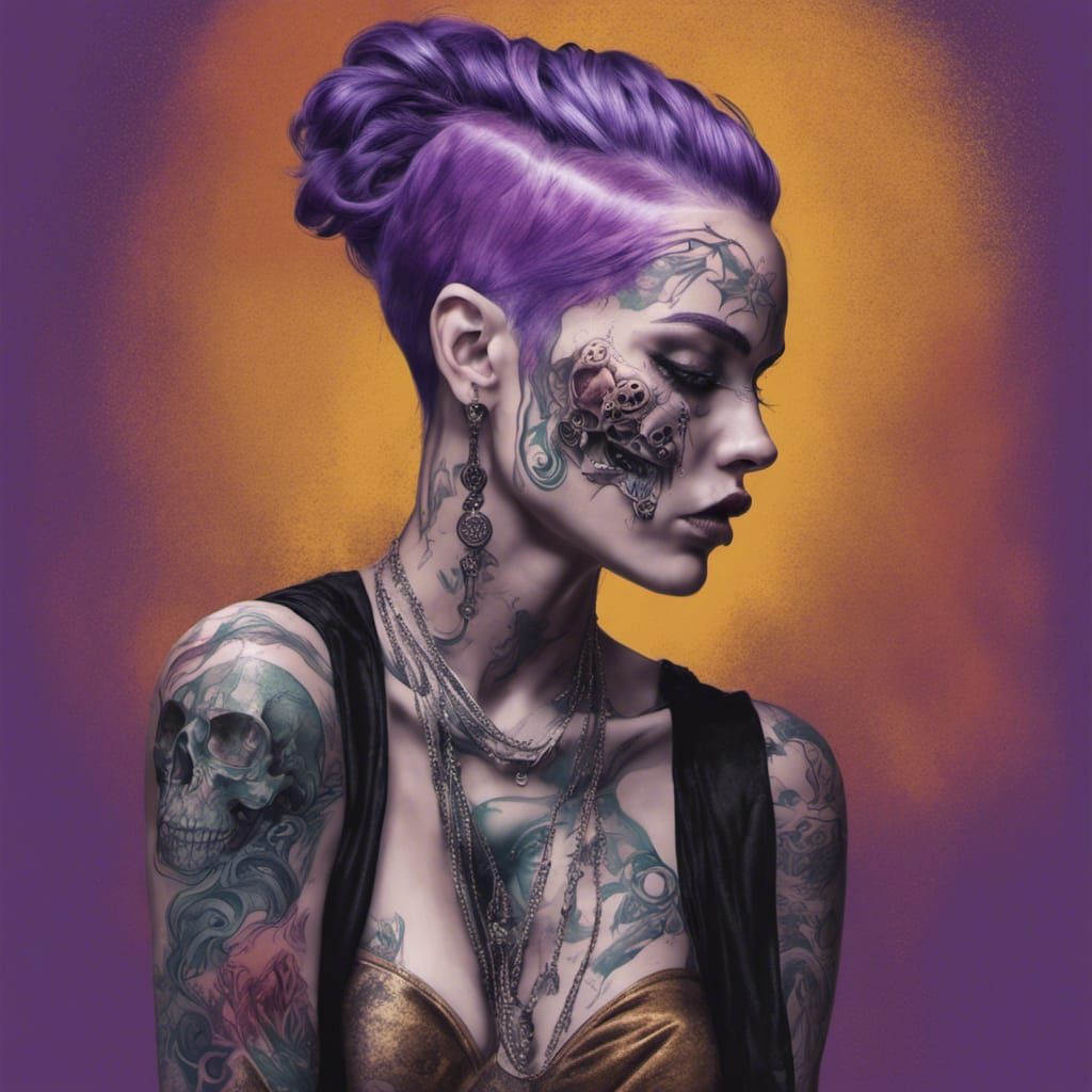 Hyperrealistic Gothic Woman with Purple Hair