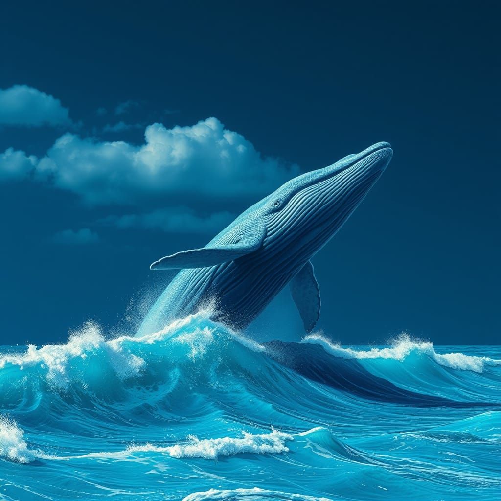 Surreal Blue Whale Breaching in Turquoise Ocean