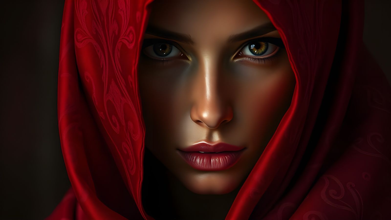 Crimson Brocade Draped Figure With Gorgeous Face