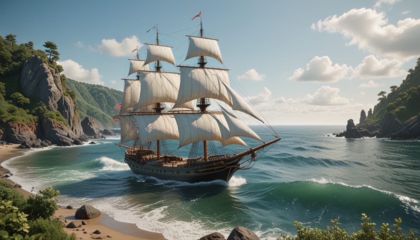 Detailed Tall Ship Approaching Rugged Shoreline