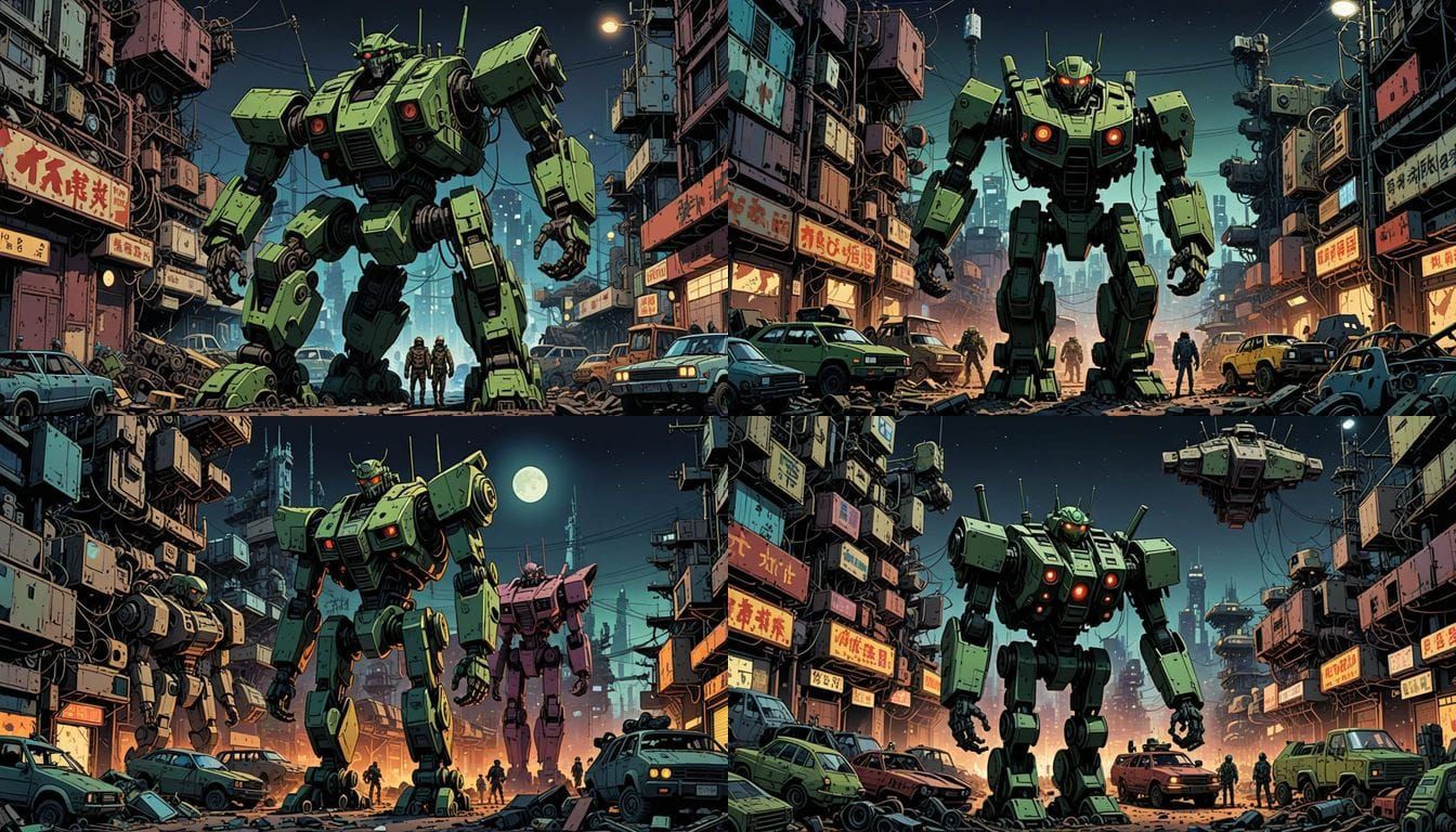 Cyberpunk Mech Junkyard Under Neon Streetlights