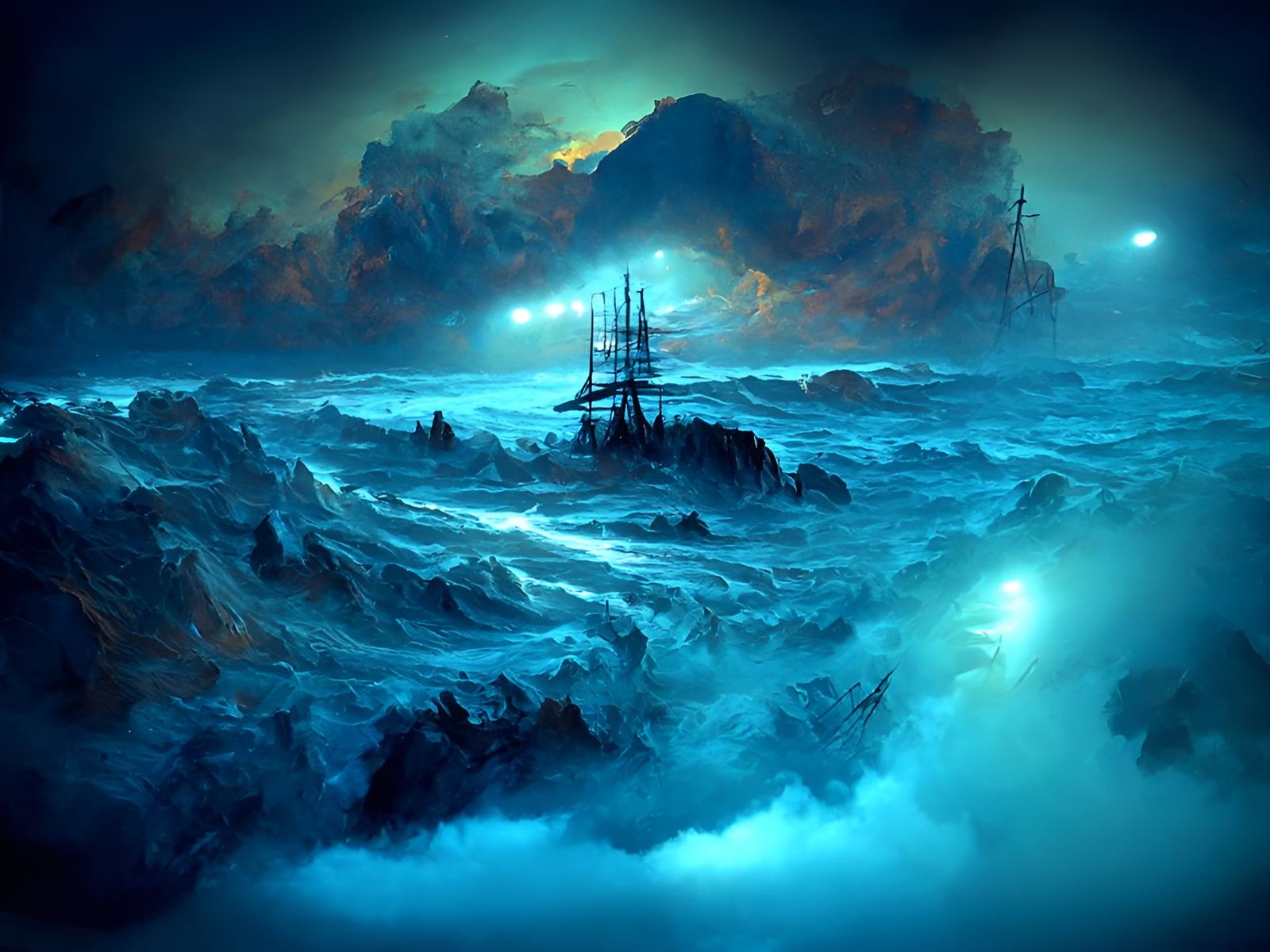 Ghost Ship Sailing Through Luminous Clouds