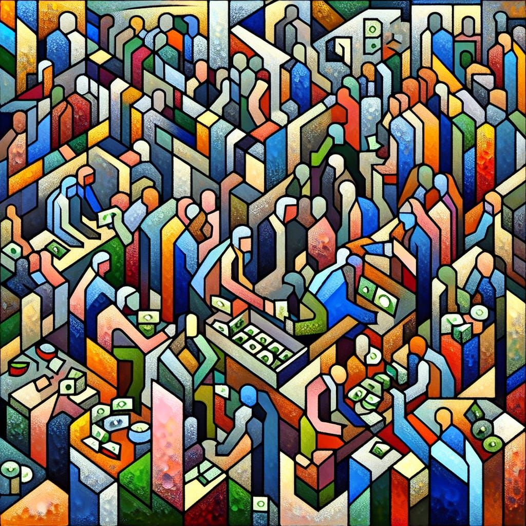 Cubist Market Scene: Money for Nothing, Abstract Art