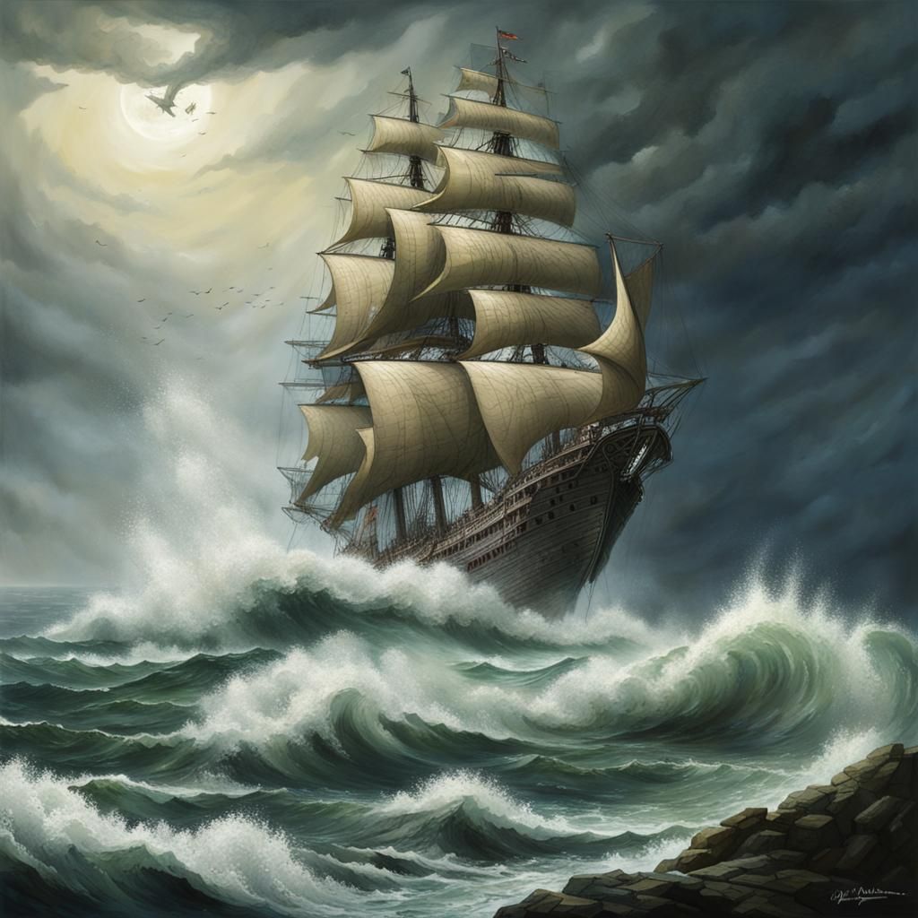 The Flying Dutchman Ghost Ship on Stormy Seas