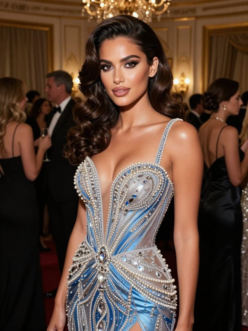 High Fashion Woman in Crystal Embellished Gown