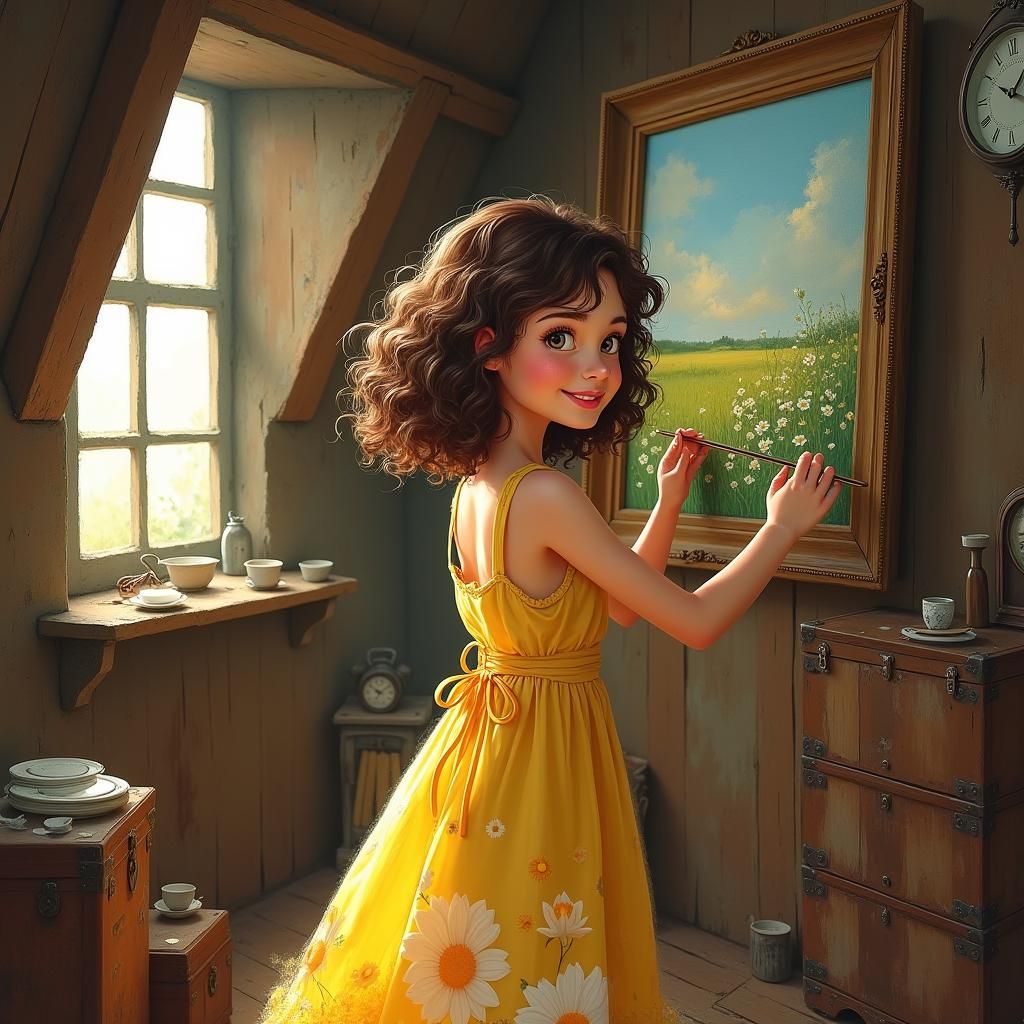 Girl in Attic Hangs Colorful Impressionist Painting